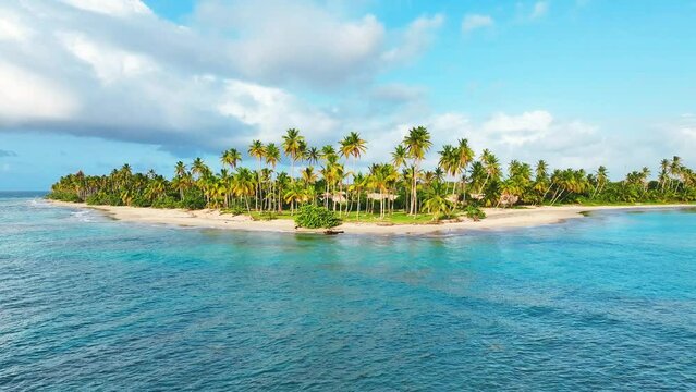 Tropical sea and sunny morning beach with turquoise waves on the paradise island of Jamaica. Coconut palms in sunlight on the sea coast. Summer vacation background and tropical beach concept.