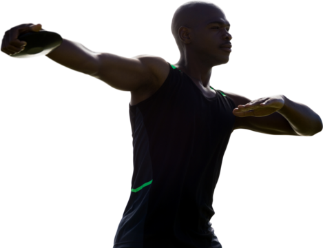 Digital png photo of african american male athlete throwing discus on transparent background