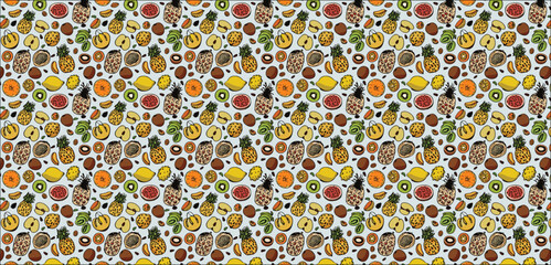 Fototapeta premium Vector seamless pattern with leopard, Vector Seamless pattern with tropical exotic fruits sketch vector illustration isolated, 