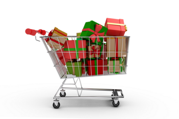 Digital png illustration of shopping cart with christmas presents on transparent background