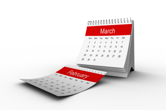 Digital png illustration of calendar with february and march cards on transparent background