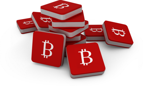 Digital png illustration of red squares with bitcoin symbol on transparent background