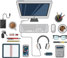 Digital png illustration of computer with office shapes on transparent background