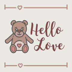 Digital png illustration of beige card with hello love text and eddy bear on transparent background