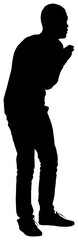 Digital png silhouette of focused male fan standing with folded hands on transparent background