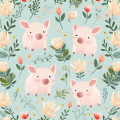 Adorable and pretty piglets pattern with flowers and leaves on a pastel background.