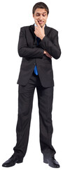 Digital png photo of confused caucasian businessman looking down on transparent background