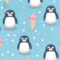 Obraz premium Adorable and pretty penguin pattern with snowflakes on pastel background.