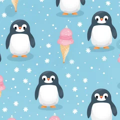 Fotobehang Adorable and pretty penguin pattern with snowflakes on pastel background. © Amanita Li