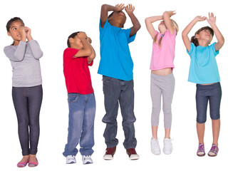 Digital png photo of happy diverse children looking up on transparent background