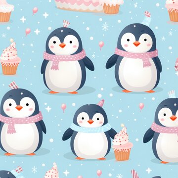 Adorable and pretty penguin pattern with snowflakes on pastel background.