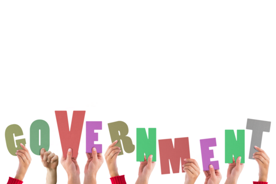 Digital png illustration of hands and government text on transparent background - Powered by Adobe