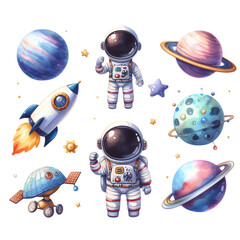 Space watercolor icon set. Astronaut, planet, satellite, rocket, ufo, comet cartoon object isolated on white background