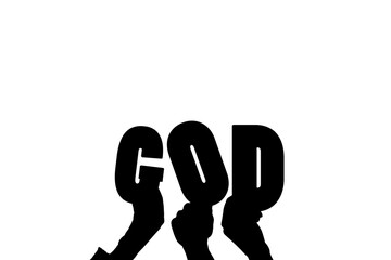 Digital png illustration of hands and god text on transparent background