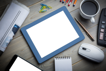 Digital png photo of office desk, tablet and smartphone with copy spaces on transparent background