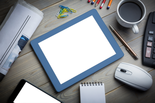 Digital png photo of office desk, tablet and smartphone with copy spaces on transparent background