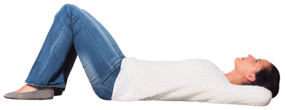 Digital png photo of happy caucasian woman in white sweater lying on transparent background