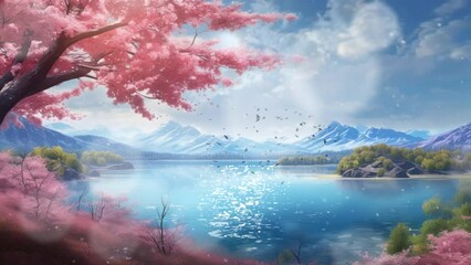 landscape cherry blossom with lake and mountains.  cartoon or anime style illustration.  seamless looping time-lapse virtual video animation background.