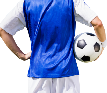 Digital png photo of back view of caucasian male football player with ball on transparent background