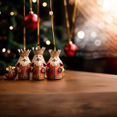 Christmas tree decorations in the form of the Three Wise Men against, sparkling bokeh. Religious holiday of Epiphany - obrazy, fototapety, plakaty