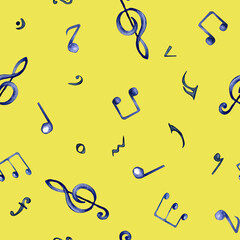 Musical note watercolor seamless pattern. Treble clef and notes isolated on yellow background. Endless print of musical signs hand drawn. Musical symbols hand painted. Design element for paper