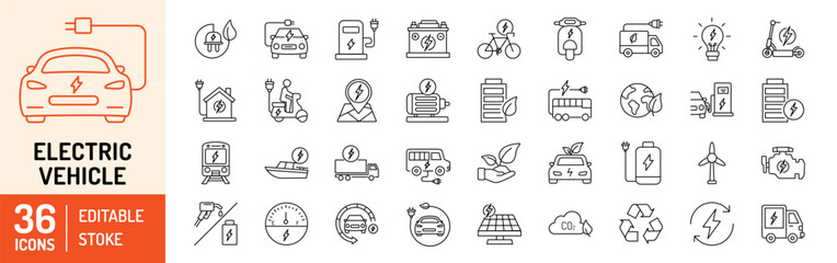 Electric vehicle editable stroke outline Icons set. Electric car, battery, e-car, ecology, charging station, electric scooter, ev charging, hybrid and power. Vector illustration