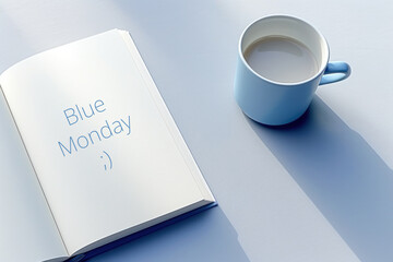 Blue cup of coffee with blue notebook Blue monday concept. - obrazy, fototapety, plakaty