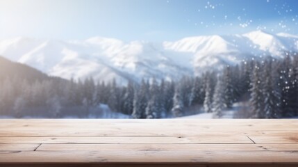 Naklejka premium Empty table in beautiful winter landscape, wood plank board in snow mountain outdoor comeliness