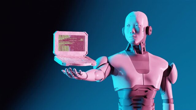 humanoid cyber robot holding a small laptop for coding on his hand for solve algorithms and coding engineering 