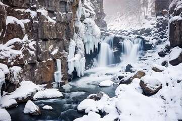 Shot of frozen waterfall flowing over snow covered by rocks