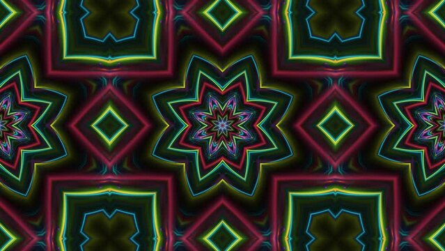 Abstract multicolored stars shapes enlarging, spreading, mixing, transforming on black. Glowing ornate background motion with pulsation. Energy flows hypnotic changes. 4K UHD 4096x2304