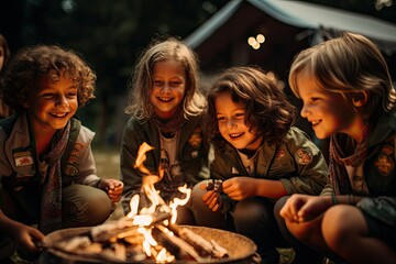 Joyful Children Roasting Marshmallows at a Campfire Evening
 - obrazy, fototapety, plakaty