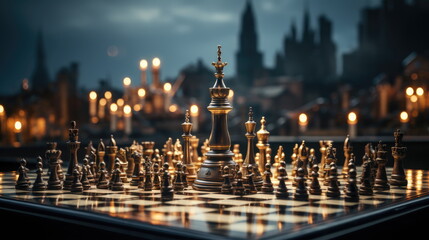 Fototapeta na wymiar Chess Innovation Victory Innovative Business Ideas Strategic Concepts Brought to Life. Dynamic Background Symbolizing Triumph of Creative Thinking Forward-Looking Strategies World of Strategic Chess