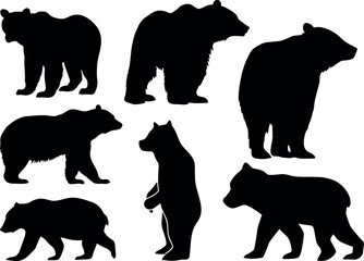 Set of Bear Silhouette clip art Illustration , black vector design on white background