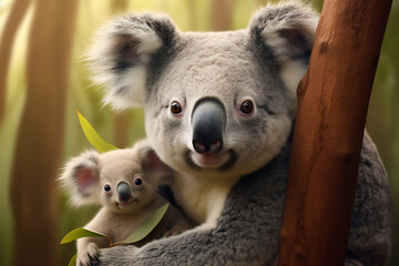 animal koala with baby looking at the camera