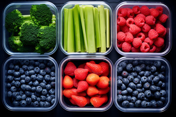 fruits and vegetables in plastic containers, blueberries, raspberries and broccoli top view