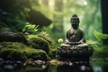 meditating buddha stone statue in green zen environment for yoga and relaxing spa 