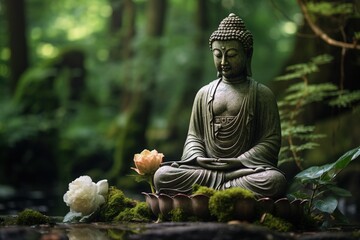 meditating buddha stone statue in green zen environment for yoga and relaxing spa  - obrazy, fototapety, plakaty