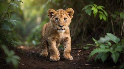 portrait of a lion cub in jungle