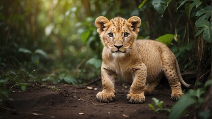portrait of a lion cub in jungle
