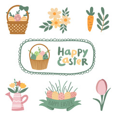 Set of vector Easter cards. Eggs, sheep, hare, flowers on an Easter card. Holiday card, banner, flyer