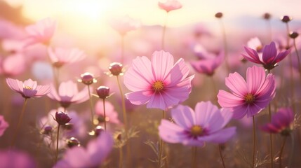 Landscape of pink flower field with sun light bokeh background.