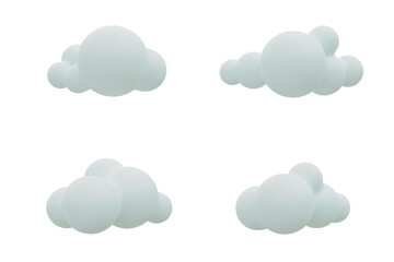 4 Cloudscape set icon.Soft bubble shape cartoon fluffy illustration.Rounded cumulus clouds mockup .Weather forecast symbols set.Outdoor nature, spring ,rainy,summer,winter,fall seasons.3d Rendering