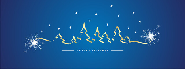 Marry Christmas ribbon shape hand calligraphy Christmas trees and snowflakes sparkler firework light golden white blue background banner. Christmas greeting card
