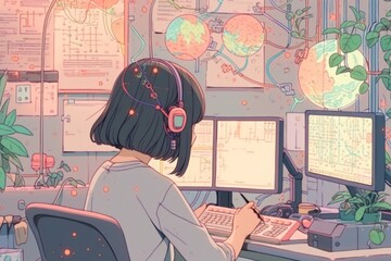 Anime style of young woman working with computer.