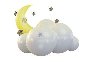 3d render illustration yellow rescent moon, shining stars and clouds concept. Lullaby dreams cartoon cute icon set mockup. Weather forecast sign. Baby decoration design. Sweet dream products.