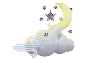 3d render illustration yellow rescent moon, shining stars windy and clouds concept. Lullaby dreams cartoon cute icon set mockup. Weather forecast sign. Baby decoration design. Sweet dream products.