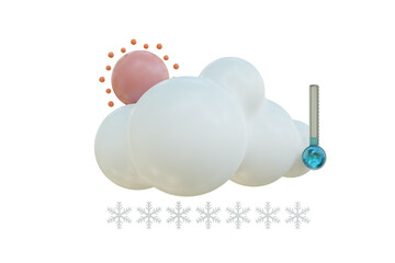 3d render illustration cloud, sun icon. Weather cute set mockup. Outdoor nature, spring ,rainy, summer, winter, fall seasons.Weather forecast sign. Meteorological icon with temperature show in thermo.