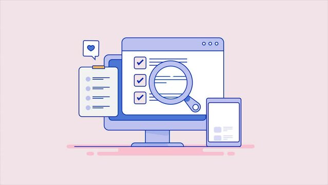 Online survey form on computer screen, business checklist, putting checkmarks online exam, customer survey app on smartphone screen video animation.