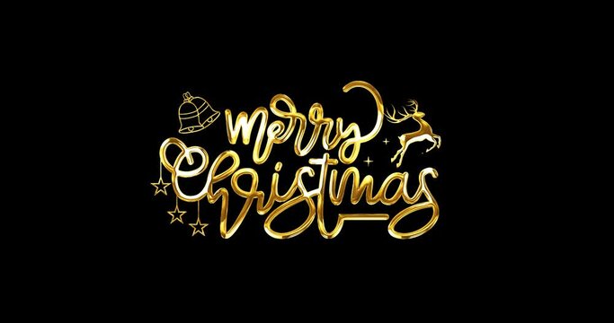 Merry Christmas lettering text animation in gold color with alpha matte. Handwritten calligraphy with alpha channel. Depicting festive typography appearance for greetings, invitations, and promotion